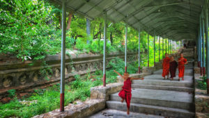 Young monks walking and playing along a covered pathway surrounded by greenery in Myanmar.